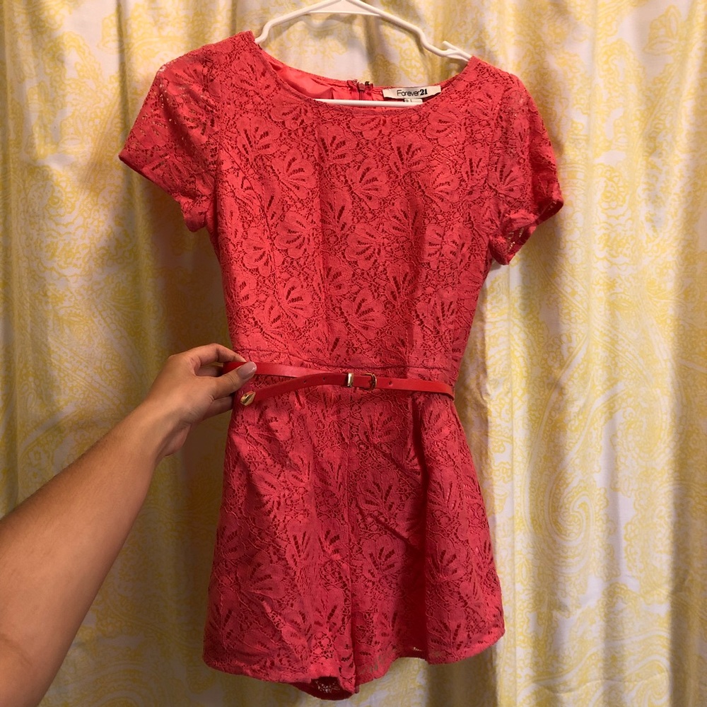 Coral Lace Romper with Belt